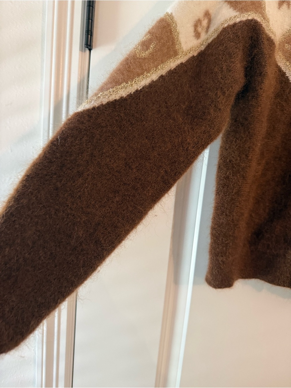 Sezane Brown and Cream Patterned Mohair Wool Blend Cardigan with Gold Metallic S - Picture 6 of 15